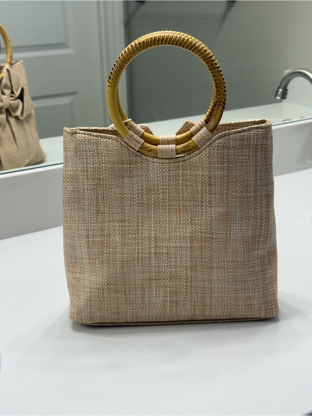 Tommy Bahama Beige Mini Tote with Bow and Bamboo Handles - Picture 5 of 12